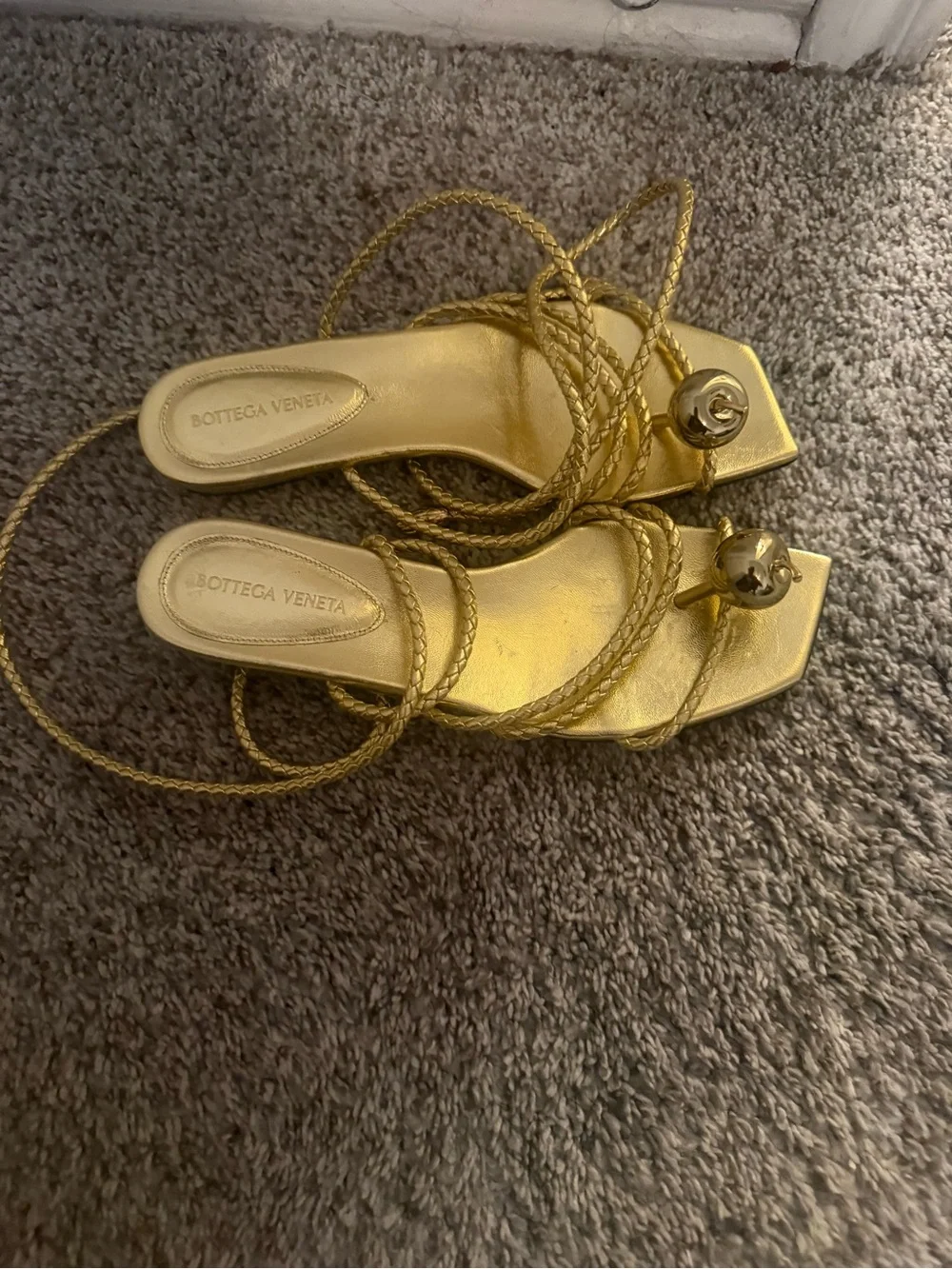 Bottega Veneta Gold Braided Lace-Up Espadrille Sandals